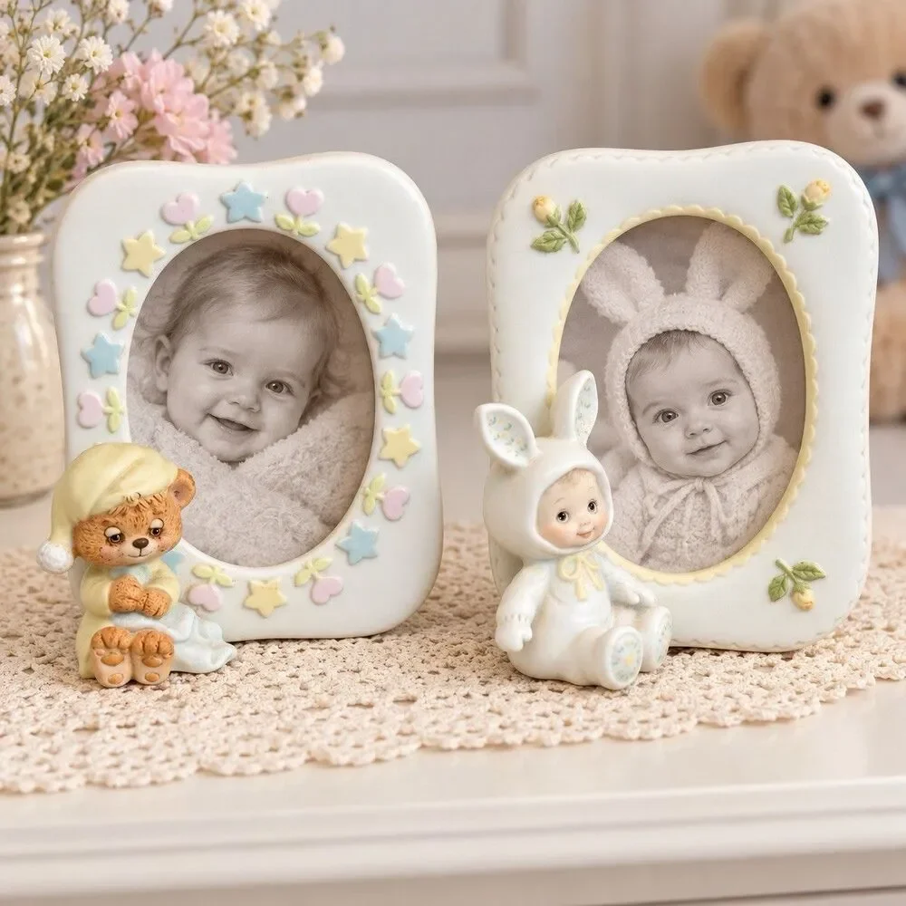 Vintage Enesco Morehead Teddy Beddy Bear Lil Fur Bunting Baby Photo Frames Set 2